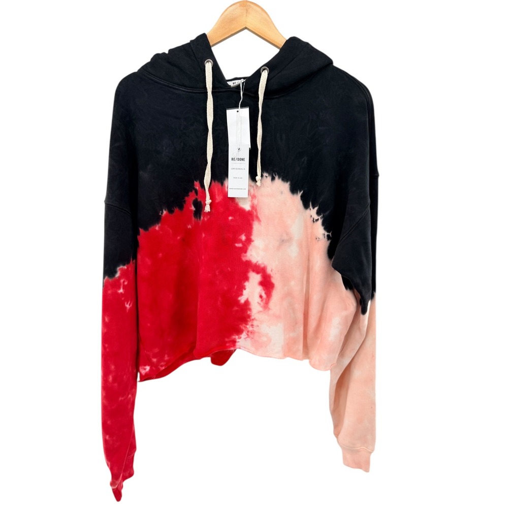 RE/DONE Originals Red Tie Dye Cropped Hoodie 100% Cotton‎ L NWT USA Pullover